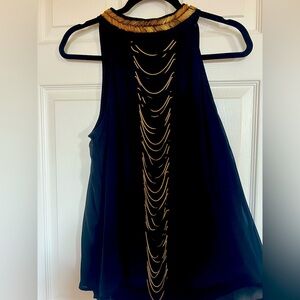 XOXO Black Blouse with Gold Chain Detail and gold beaded neckline